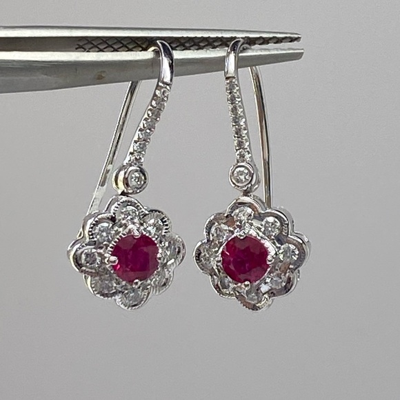 High Quality 14K White Gold Natural Ruby and Diamond Dangle Earrings NEW